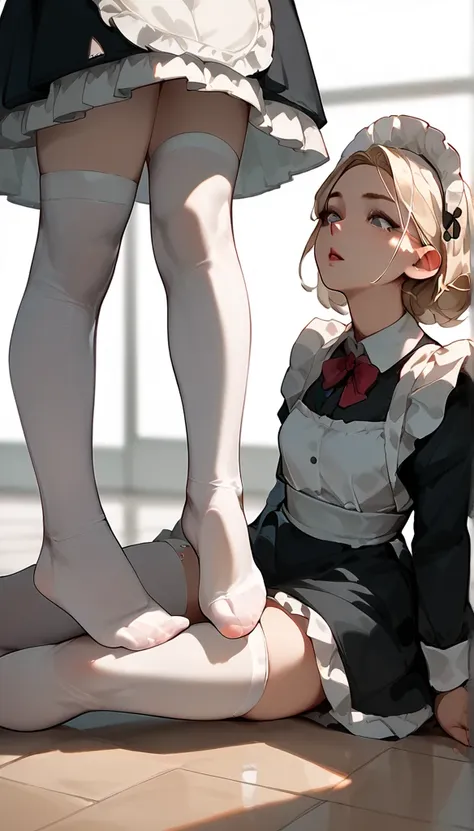 anime women, maid,  white stockings , raised leg, feet on throat, stomping of feet on neck, looking down, head out of frame, thr...