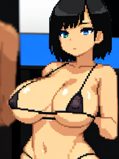 Black Hair、Blue eyes、Brown skin、Big Breasts、short hair、 micro bikini 、Condom Belt