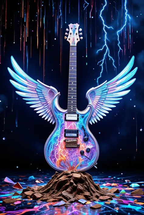 conceptual installation artwork, Flying V electric guitar stuck in the ground, made of plated metal, rusty in places, background space rays lightning falling, shattered iridescent glass, maze-like pattern painted with fluorescent paint, various effects, de...