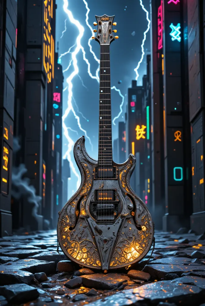 conceptual installation artwork, Flying V electric guitar stuck in the ground, made of plated metal, rusty in places, background space rays lightning falling, shattered iridescent glass, maze-like pattern painted with fluorescent paint, various effects, delicate and dynamic textures, contrasts of light and shadow, 2.5D, artistic photography, hyper realistic, digital graphic CG, ultra detailed, absolutely resolution, best quality