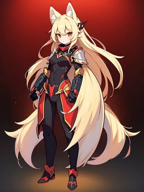 Full body standing
standing

long blond hair
Fox ear
Dragons Tail
black and red light armor