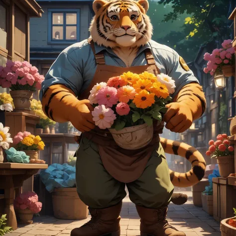 character focus, full body, looking away, dynamic angle, florist, a muscular middle-aged tiger man, happy, light smile, marigold...