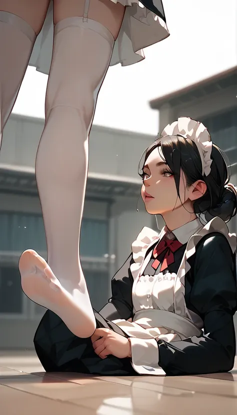 anime women, maid,  white stockings , raised leg, feet on throat, stomping of feet on neck, looking down, head out of frame, thr...