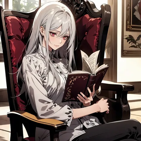 (Confused,  Kampala,  very detailed ), 1 female, Silver Hair,Long Hair,Crimson Eyes, jacket and blouse , skinny pants,secretary,Low Tail,25th generation ,Beautiful woman,Mature,thin,Quiet,Calm,Small breasts, Little Smiles , reading a book in a rocking chai...