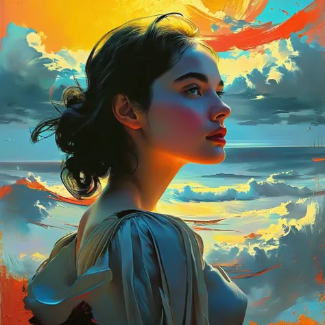 fluorescent horizon, luminism, digital brush strokes, style studio shading from abov a girl cherish the moment masterpiece, oil ...