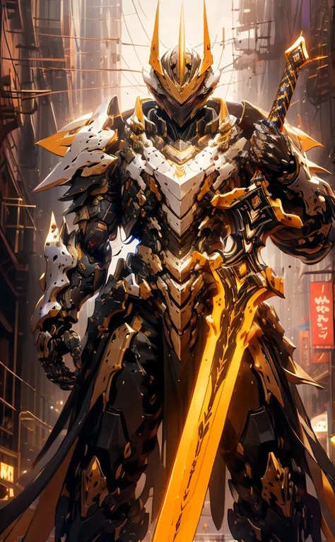 arafed image of a robot with a sword in a city, from arknights, guilty gear strive splash art, gold paladin, style of duelyst, e...