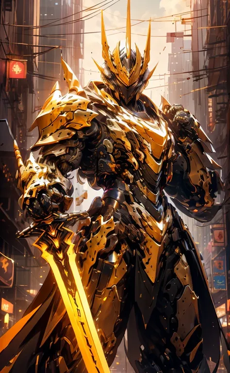 arafed image of a robot with a sword in a city, from arknights, guilty gear strive splash art, gold paladin, style of duelyst, e...