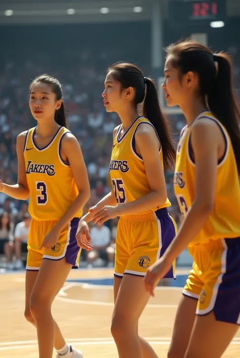 Three Girls、 basketball uniform、Lakers、 tank top、Beauty、Real People、 Japanese、Real Humans、本物の Japanese、 basketball、game、Enjoying basketball 、Model、beautiful、 cute、Side show