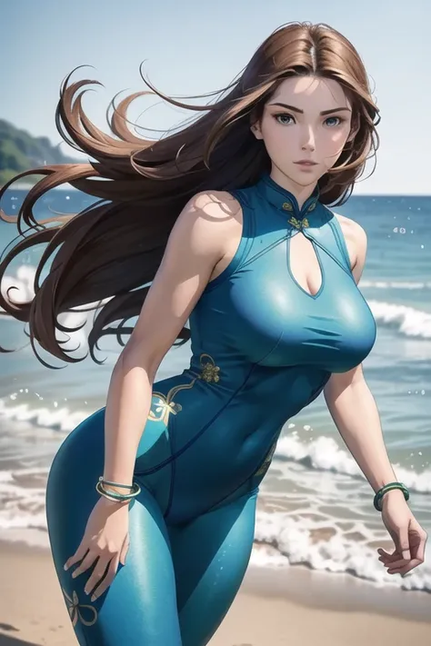 woman in her 20s, (perfect face), defined chin, beautiful green eyes, beautiful lips, (long brown hair,), (perfect anatomy), (athletic body), (sexy), (thick thighs), (perfect hands), (blue cheongsam), blue tights, pointed bracelets, looking at the viewer, ...