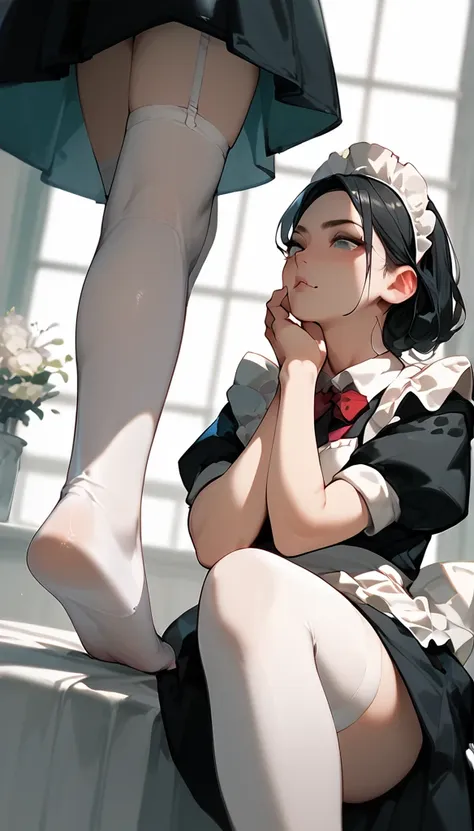 anime women, maid,  white stockings , raised leg, feet on throat, stomping of feet on neck, looking down, head out of frame, thr...