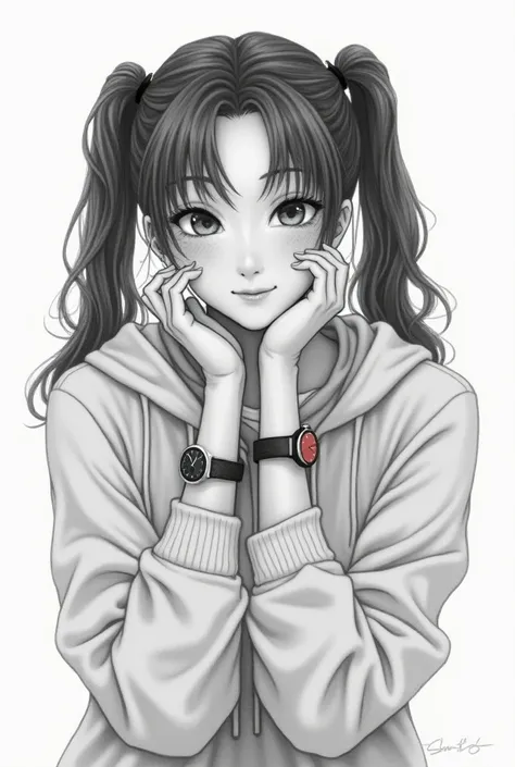 Photorealistic sexy pencil painting of a very pretty girl with ponytails. Wearing a knitted shirt .hoodie wearing Watches posing obliquely smiling, hands on chin on white nuasa background .  Underneath the sexsa pencil painting there is a signature of sant...