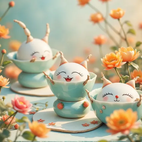 cute background , pottery with cute faces,  smooth pottery with cute faces