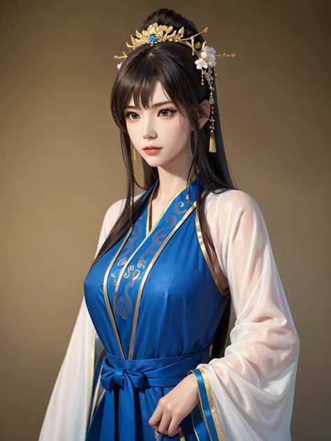 ancient chinese princess ， A girl wearing Hanfu, visual audience，,  beautiful girl 、Delicate body, Exquisite Eyes , Big 、Long hair,、Hair accessories Han Dynasty、Eternal,whole body、Lower Body，Three Kingdoms， (solid color background,,  simple background), Sm...