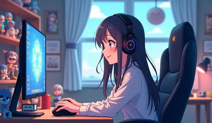  1 , Long Hair, Im playing a game
Sitting facing an anime-style 、 sitting facing the monitor
Im wearing headphones、happy face
Light-toned images
Lots of figurines in the room