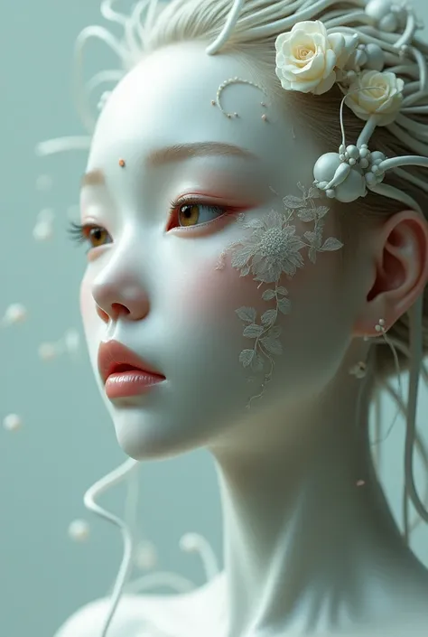 character sheet,  ultra-detailed complex 3D rendering with a porcelain profile of a Vietnamese character, the most beautiful studio soft light , rim lighting, bright details, lace, hyperrealistic, hand,  facial muscles , electrical wires, microchip, elegan...