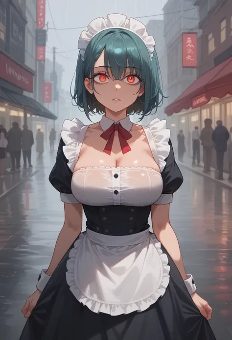 high quality、cool woman in maid outfit、 big boobs、sharp eye、chest、rain、city