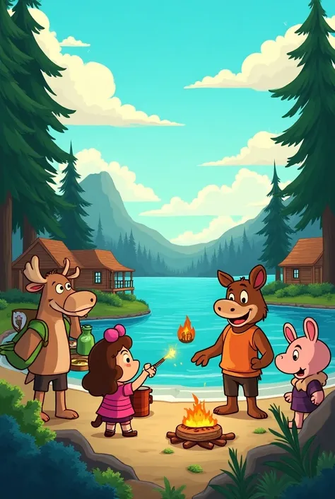 Generate a creative image of the animated series  "Lakebottom camp ",  animated series for a billboard cover that talks about gastronomy and tourism,  relate the cartoons to this university career 