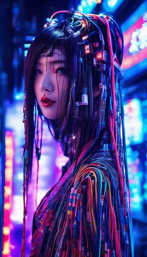 high technology, futuristic, cyborg girl, (photorealistic:1.4), long hair made of cables, robotic, lots of computer cables in th...