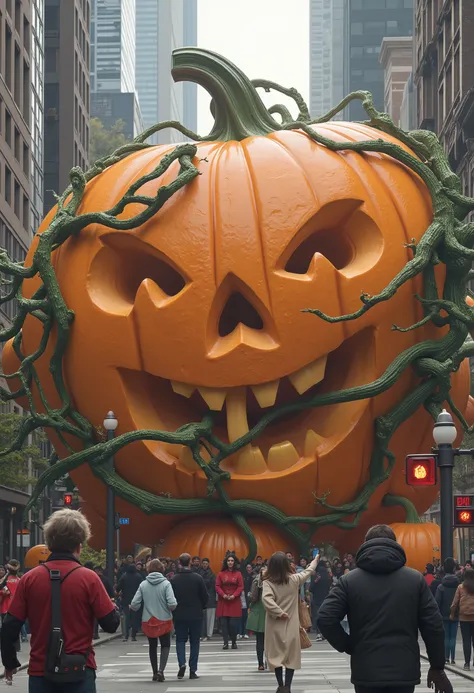 masterpiece, best quality, ultra-detailed, hyper-realistic, a bustling city is being overrun by enormous, growing pumpkins. the ...