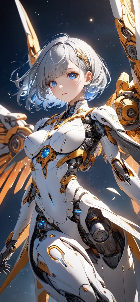 Ultra high resolution, rich colors, perfect image, best quality, detailed image, beautiful single woman, glowing skin, skin and clothing texture, delicate eyes, celestial, air, flying, mechanical body, mechanical angel, mechanical wings, (((silver bob hair...