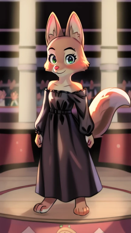 diane foxington,fox girl,, gothic dress holding a black cat,background is the stage