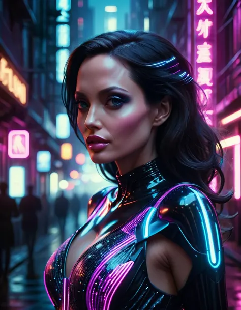 upper-body portrait shot of a mysterious woman resembling (angelina jolie:1.3), set in a neon-noir world. she is wearing an eleg...