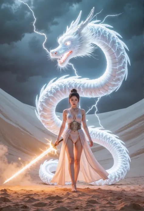 Can you create a beautiful Death-style female swordsman , Wear transparent colored clothes , All the lines are lightning , Create a lightning dragon ??? Like he is inside a dragon , No texture , This dragon consists entirely of ...