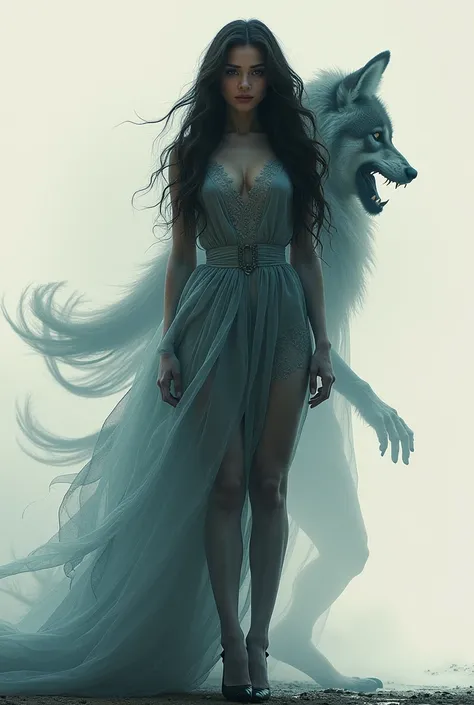 double exposure photorealistic illustration merged of a(captivating beauty-lady), a werewolf ((transparency effect:0.5) of an et...