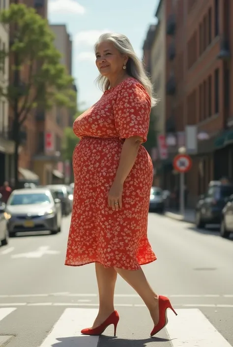 a real photo of a beautiful older mother with humongous breasts, (thin body), pleasant smile, vibrant flare skirt shirtwaist dress, long gray hair, realistic profile view, looking directly at the camera, her breasts are ginormous, bulging, well-rounded and...