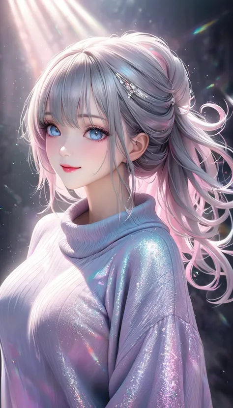 conceptual installation line artwork, cool beauty, silver glossy silky messy half updo, makeup, amorous expression, cortesy, elegance, dignity, captivating eyes, shy smile, curvaceous, wearing baggy sweater, background pastel color, dreamy effects, various...