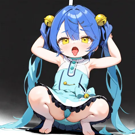 masterpiece,Alone,White background, at random angles ,full body loli,Idol Dress,blue long hair, large yellow with twin tails
round bell,Ahegao,tongue,saliva,1loli,{{amamiya kokoro }},pole dancing,Open legs,squatting,arms behind head,