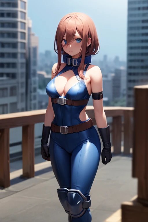 Masterpiece, best quality, ultra detailed, illustration, lighting epic, cinematic composition, 1 girl, Miku Nakano, medium hair, brown hair, medium breasts, blue eyes, bright eyes, blushing, closed mouth, full body, Black Collar, Tall, Thin, Shock Collar, ...