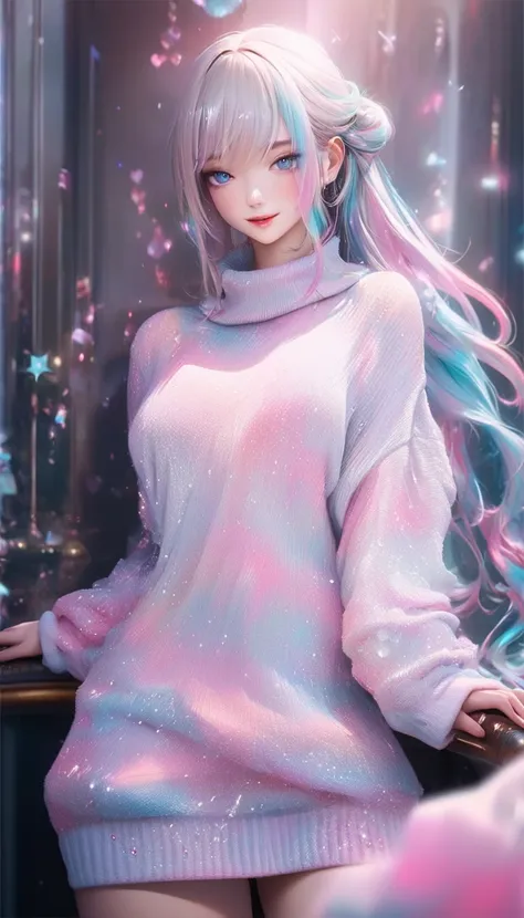 conceptual installation line artwork, cool beauty, silver glossy silky messy half updo, makeup, amorous expression, cortesy, elegance, dignity, captivating eyes, shy smile, curvaceous, wearing baggy sweater, background pastel color, dreamy effects, various...