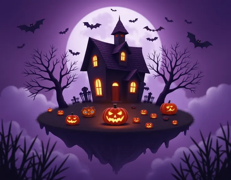 a haunted house on a pumpkin-shaped island floating in a purple mist. the house has eyes and a mouth that move, and its windows ...