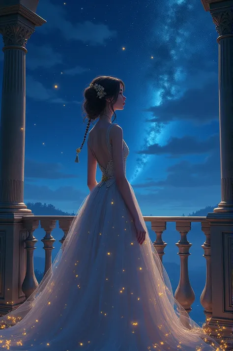 ((lovely ,fanciful,DREAMY ,Firefly ,luminous effect ,Very detailed , a work of art  ))  a girl wearing a magnificent dress looks very noble and noble  , she is standing on the balcony of the villa looking at the starry sky with sad eyes .