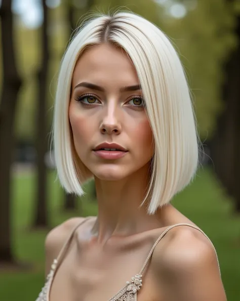 portrait of nexia a young italian woman with a straight asymmetrical platinum haircut that run in footing clothing in park

imag...