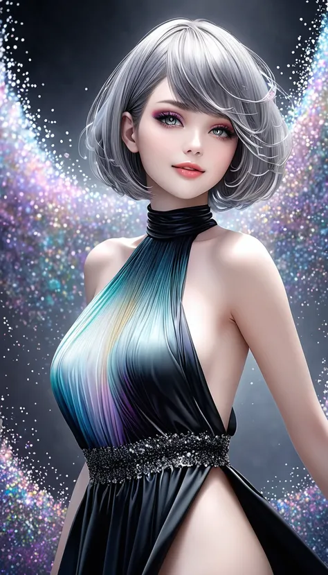 conceptual installation line artwork, cool beauty, silver glossy silky messy bob cut, makeup, amorous expression, cortesy, elegance, dignity, captivating eyes, shy smile, curvaceous, wearing black satin halter neck dress, background pastel color, dreamy ef...