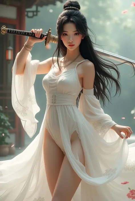 Young woman,Twenty-nine years old, Asian face, Long black hair, Skin as white as snow,  Wearing a Sexy White Antique Chinese Hanfu Dress, Big chest, Thin waist, Big butt,Holding a Left Hand Sword , Manga drawing style, realistic 2.5D