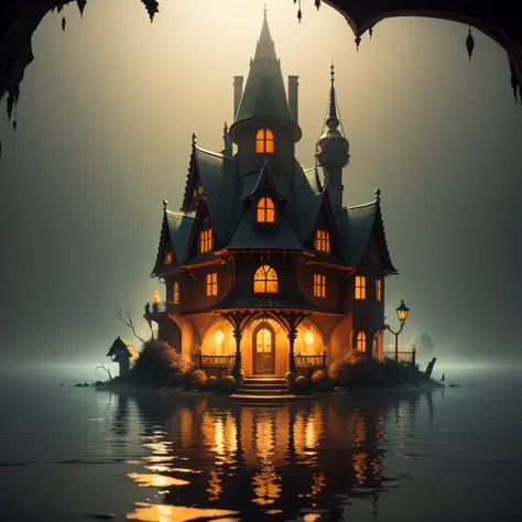 Halloween, water house, constructive, mystical, light atmosphere, distortion, natural, sensation,