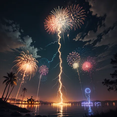 Halloween, electric fireworks, blue lightning, red lightning, fantastic, white lightning, night, on lake, complex, sensation,