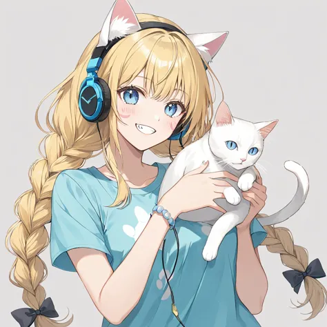 ((pastel))、One Woman,Look this way、smile, Headphones,Blue Shirt,cat mark,Jagged teeth,Yellow Hair, long hair, sideburns are braids,  braid,Cat ears,Blue eyes, Hold a white cat ,黒猫もHeadphonesを首にかける