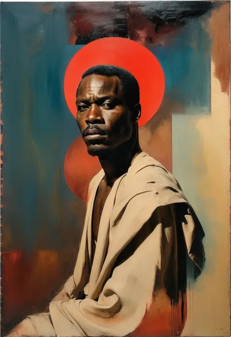 chiaroscuro technique on sensual illustration of an african american man inside silky drapes, a thick textured oil painting, imp...