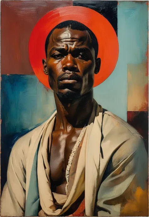 chiaroscuro technique on sensual illustration of an african american man inside silky drapes, a thick textured oil painting, imp...