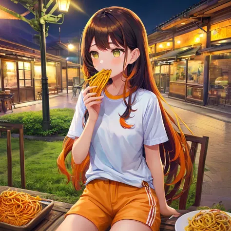 light yellow slightly long hairstyle,cute girl, short sleeves, eyes are green, orange shorts(land wear),
eating noodles,expressi...