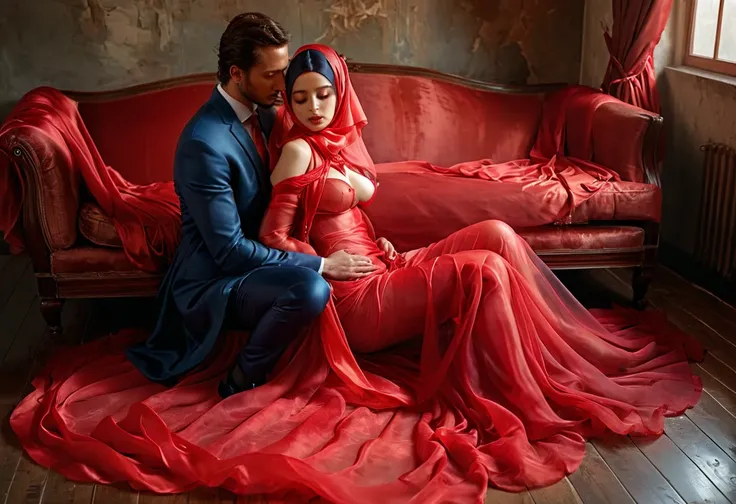  a women who shrouded in a 10-meter-long, plush red semi transparent silk cloth sitting on the lap of a man dressed in a suit, slim body with big breast, tightly bound and grandly draping along the form of her body, flowing off into a pooled floor-length t...