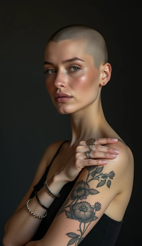 a highly realistic portrait of a person with a shaved head, styled in a minimalist and contemporary fashion. The individual has light skin with natural freckles and subtle makeup, showcasing a calm, confident expression. displaying visible tattoos on their...