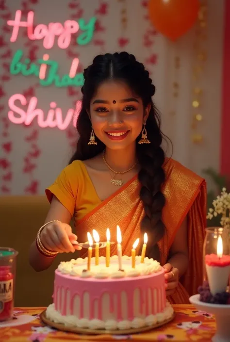 a 23 year old long hair french braid hair style  indian girl is celebrating his birthday on a decorated room HAPPY BIRTHDAY SHIVI! is written on the background and she is cutting the cake on the table and she wear lehanga 