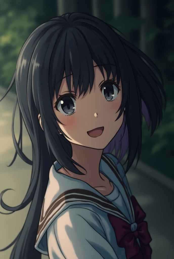 Female junior high school student looking into a Japanese person, Alone,  mischievous smiles ,Talking,Open Mouth,  ((Droopy eyes)),  straight long hair, cave,  (High angle shot:1.2), trimmed bangs,Asymmetrical hairstyle, One side up hairstyle
