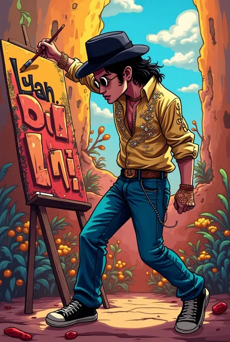 Michael Jackson in a cartoon painting the name Luan 