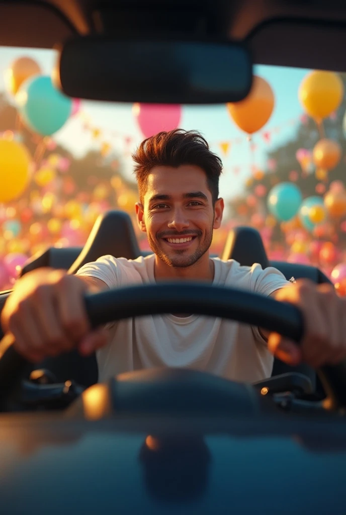 A man without bald bone hair with medium-brown skin driving a car but with a birthday theme 